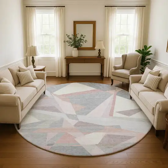 8' Blush Ivory And Gray Geometric Washable Round Rug With UV Protection Photo 4