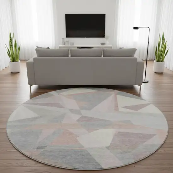 8' Blush Ivory And Gray Geometric Washable Round Rug With UV Protection Photo 2