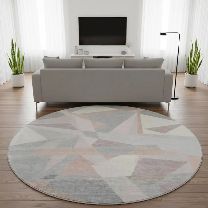 8' Blush Ivory And Gray Geometric Washable Round Rug With UV Protection Photo 2