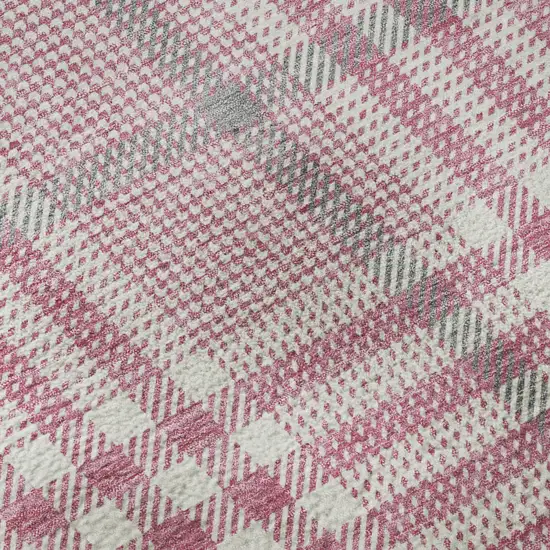 8' Blush Ivory And Gray Plaid Washable Round Rug With UV Protection Photo 8