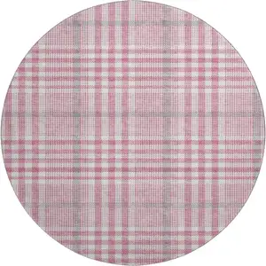 Photo of 8' Blush Ivory And Gray Plaid Washable Round Rug With UV Protection