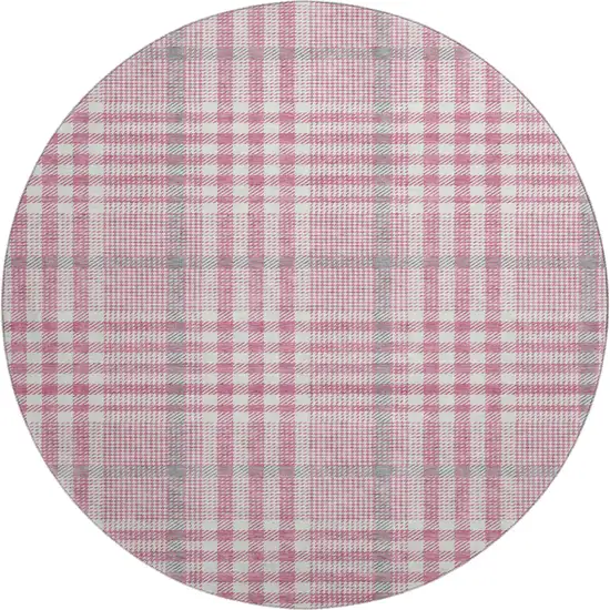 8' Blush Ivory And Gray Plaid Washable Round Rug With UV Protection Photo 1