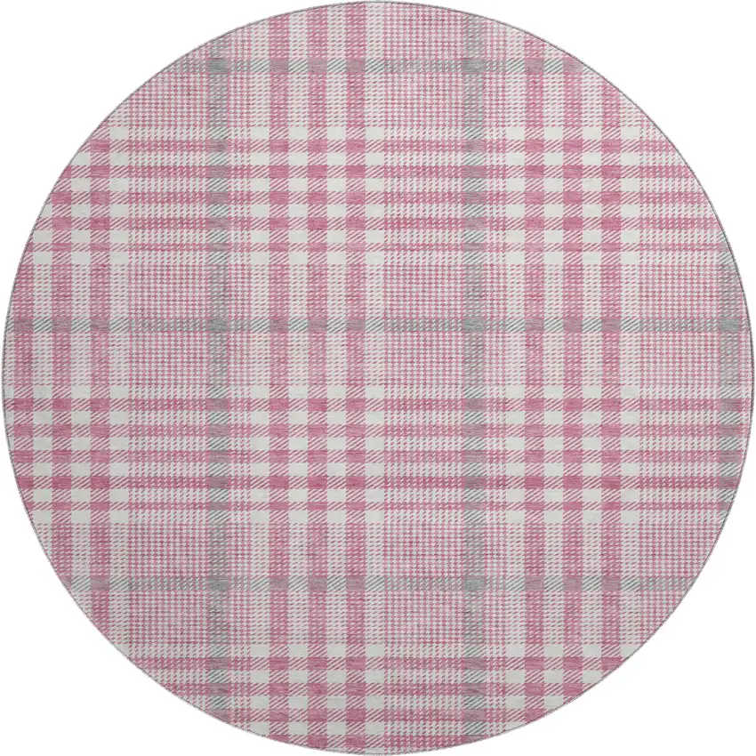 8' Blush Ivory And Gray Plaid Washable Round Rug With UV Protection Photo 1