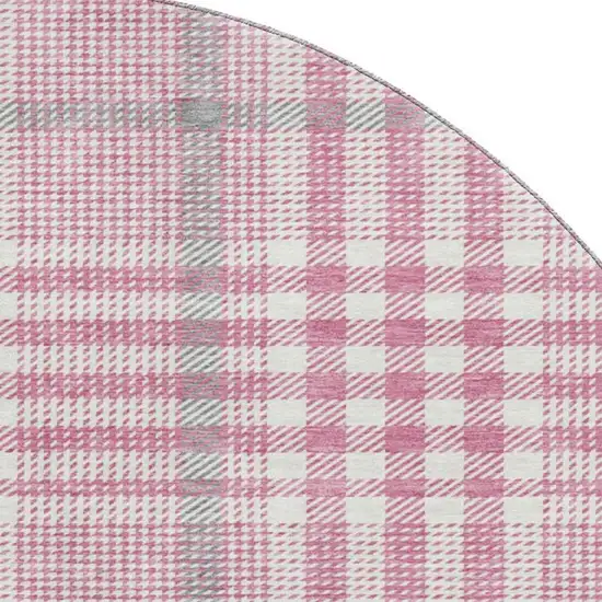 8' Blush Ivory And Gray Plaid Washable Round Rug With UV Protection Photo 2