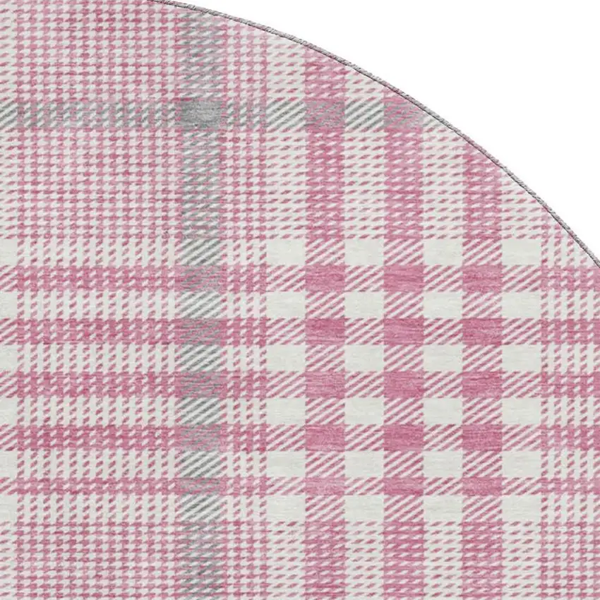 8' Blush Ivory And Gray Plaid Washable Round Rug With UV Protection Photo 2