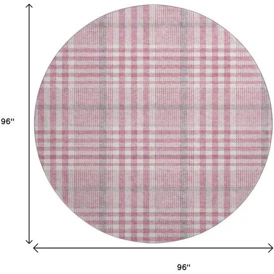 8' Blush Ivory And Gray Plaid Washable Round Rug With UV Protection Photo 9