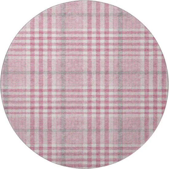 8' Blush Ivory And Gray Plaid Washable Round Rug With UV Protection Photo 3