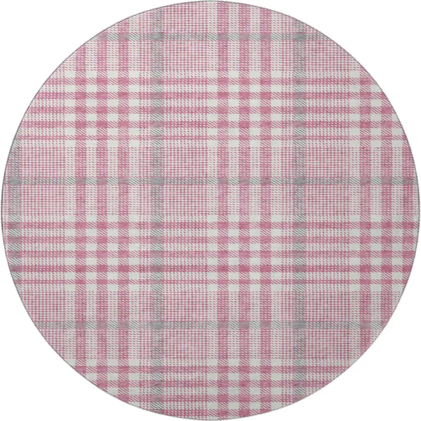 8' Blush Ivory And Gray Plaid Washable Round Rug With UV Protection Photo 3