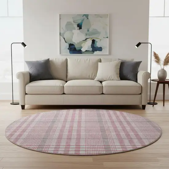 8' Blush Ivory And Gray Plaid Washable Round Rug With UV Protection Photo 2