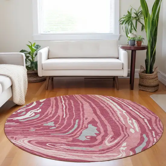8' Blush Ivory And Gray Round Abstract Washable Indoor Outdoor Area Rug Photo 9