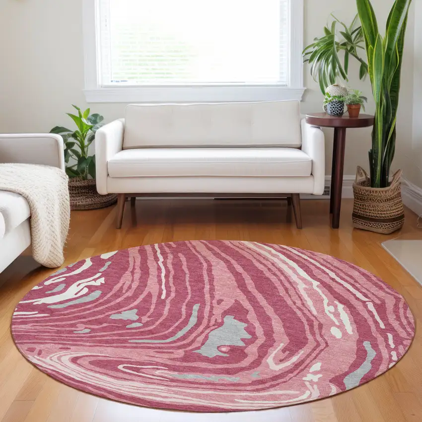8' Blush Ivory And Gray Round Abstract Washable Indoor Outdoor Area Rug Photo 9