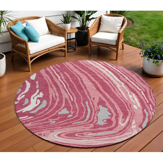 8' Blush Ivory And Gray Round Abstract Washable Indoor Outdoor Area Rug Photo 1