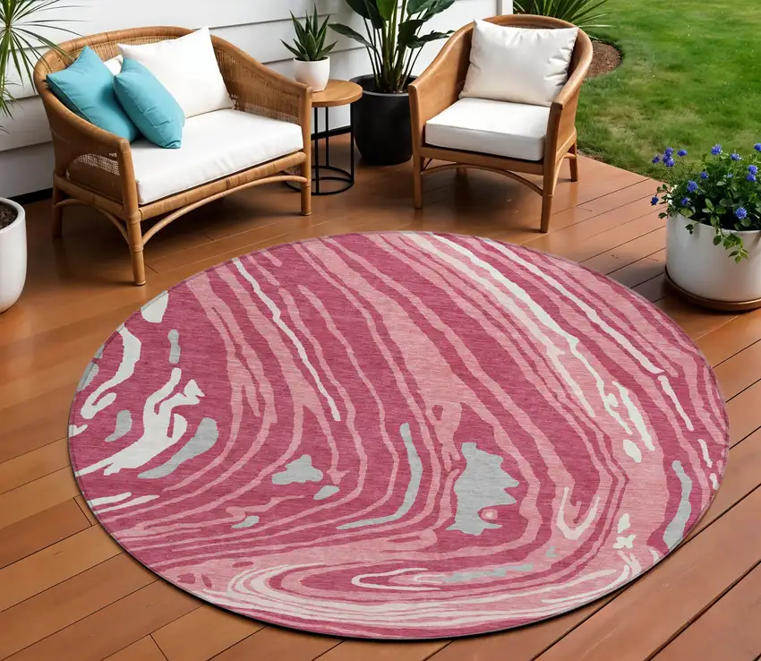 8' Blush Ivory And Gray Round Abstract Washable Indoor Outdoor Area Rug Photo 1