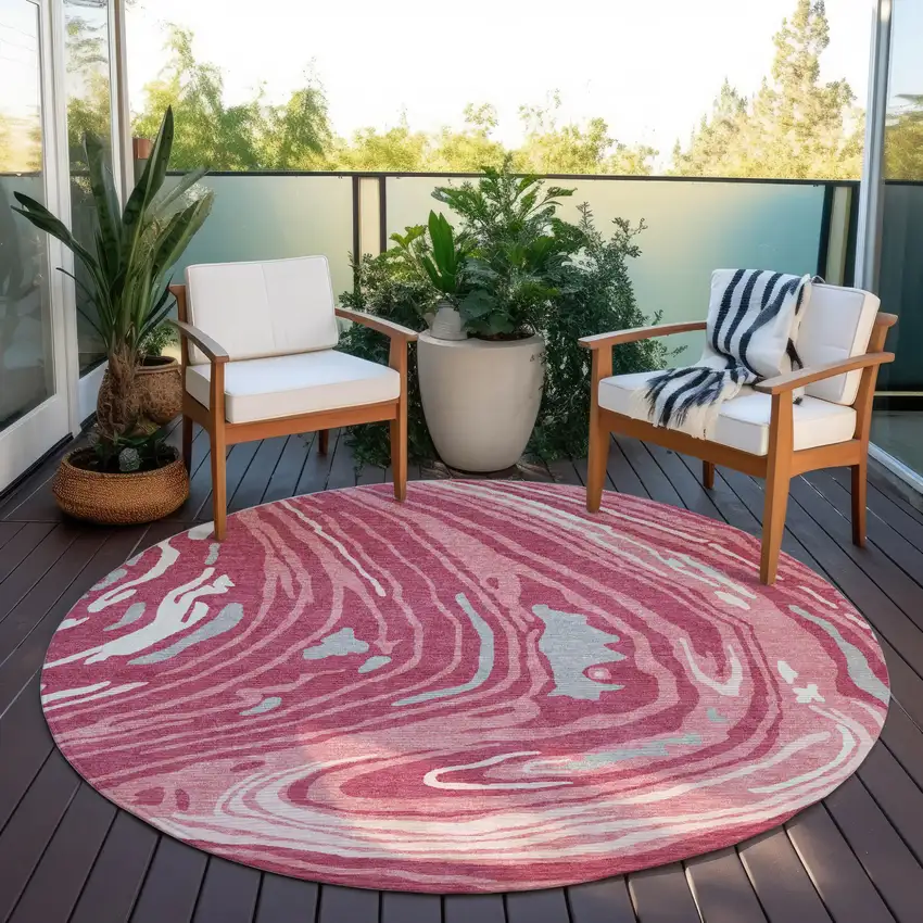 8' Blush Ivory And Gray Round Abstract Washable Indoor Outdoor Area Rug Photo 8