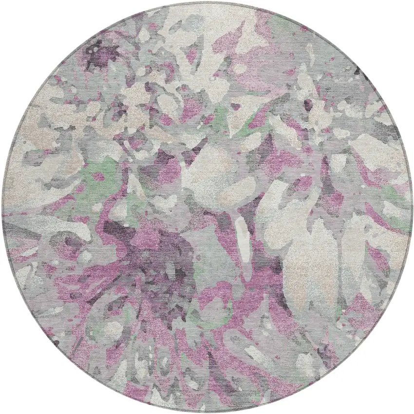 8' Blush Ivory And Gray Round Floral Washable Indoor Outdoor Area Rug Photo 2