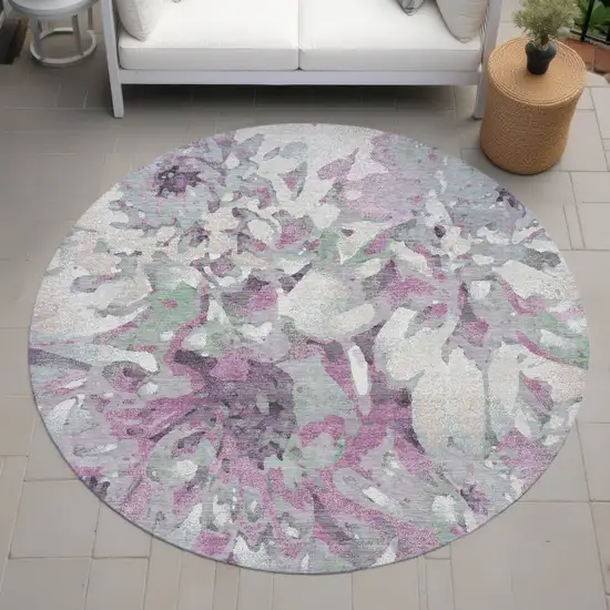 8' Blush Ivory And Gray Round Floral Washable Indoor Outdoor Area Rug Photo 8