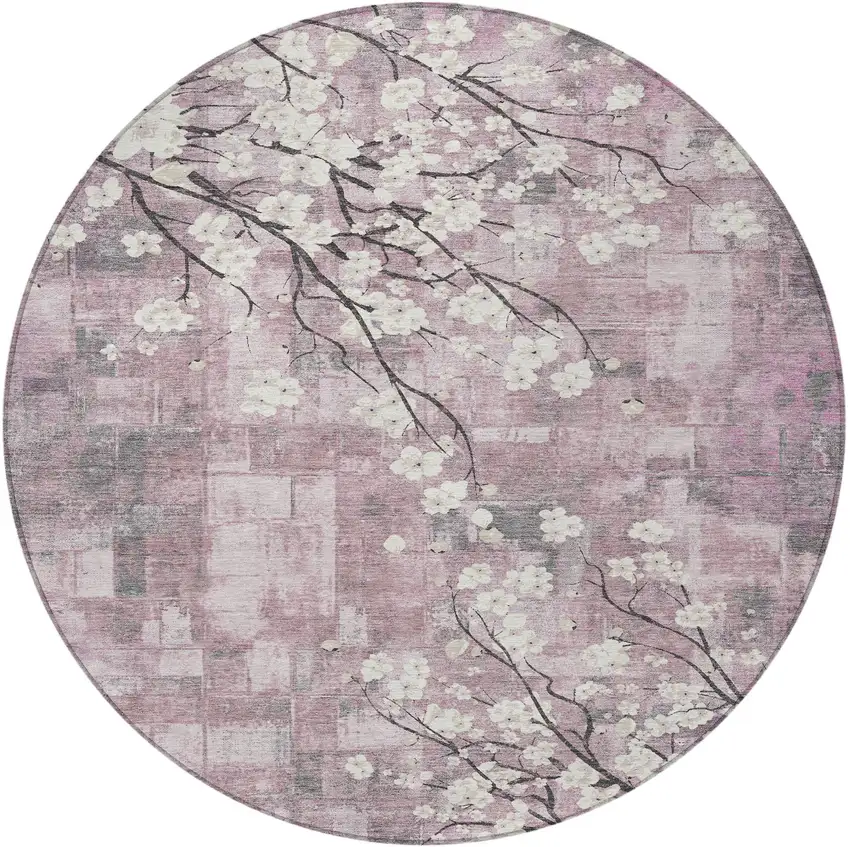 8' Blush Ivory And Gray Round Floral Washable Indoor Outdoor Area Rug Photo 4
