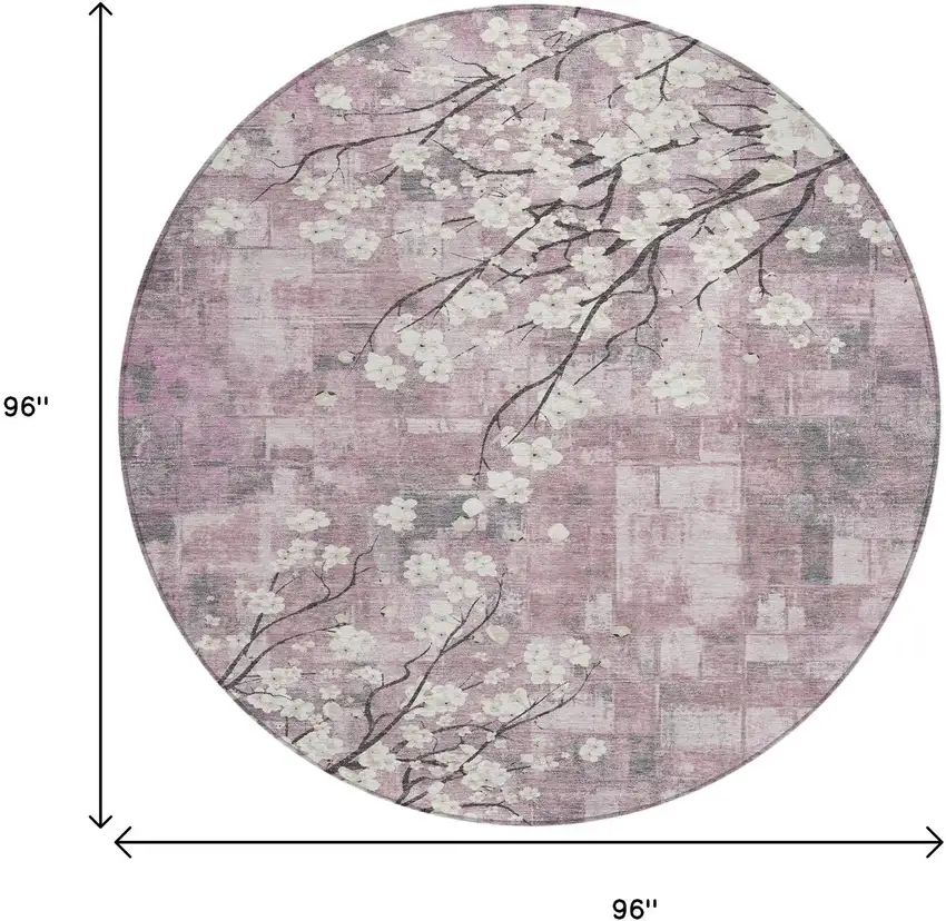 8' Blush Ivory And Gray Round Floral Washable Indoor Outdoor Area Rug Photo 3