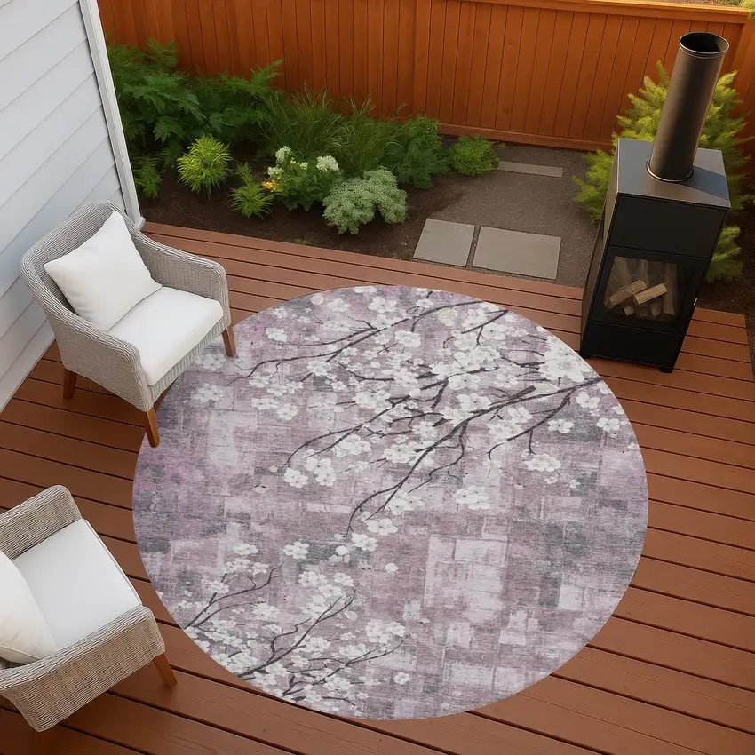 8' Blush Ivory And Gray Round Floral Washable Indoor Outdoor Area Rug Photo 8