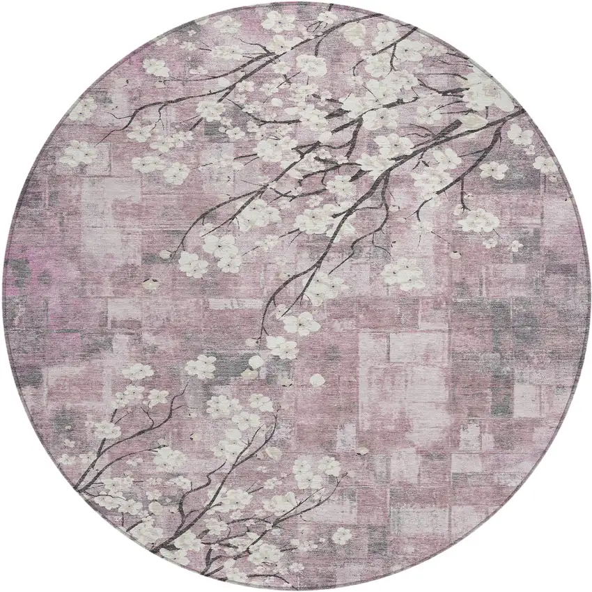 8' Blush Ivory And Gray Round Floral Washable Indoor Outdoor Area Rug Photo 2