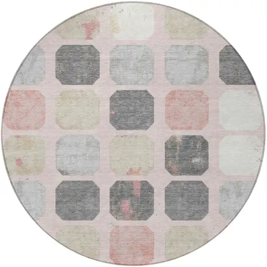 8' Blush Ivory And Gray Round Geometric Washable Indoor Outdoor Area Rug Photo 4