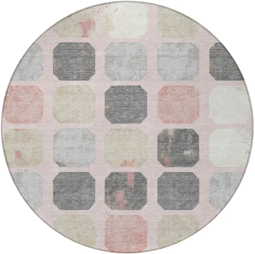 8' Blush Ivory And Gray Round Geometric Washable Indoor Outdoor Area Rug Photo 4