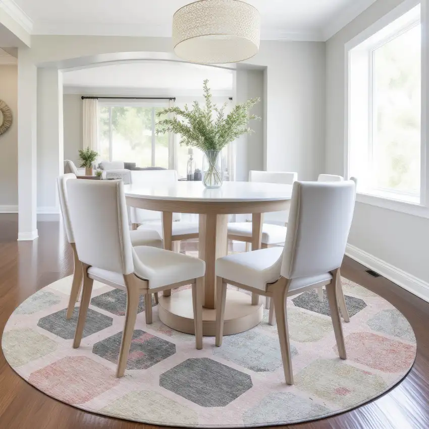 8' Blush Ivory And Gray Round Geometric Washable Indoor Outdoor Area Rug Photo 7