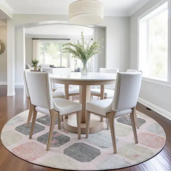 8' Blush Ivory And Gray Round Geometric Washable Indoor Outdoor Area Rug Photo 7