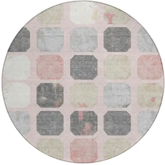 8' Blush Ivory And Gray Round Geometric Washable Indoor Outdoor Area Rug Photo 3