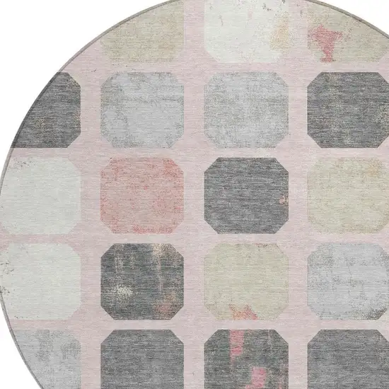 8' Blush Ivory And Gray Round Geometric Washable Indoor Outdoor Area Rug Photo 9