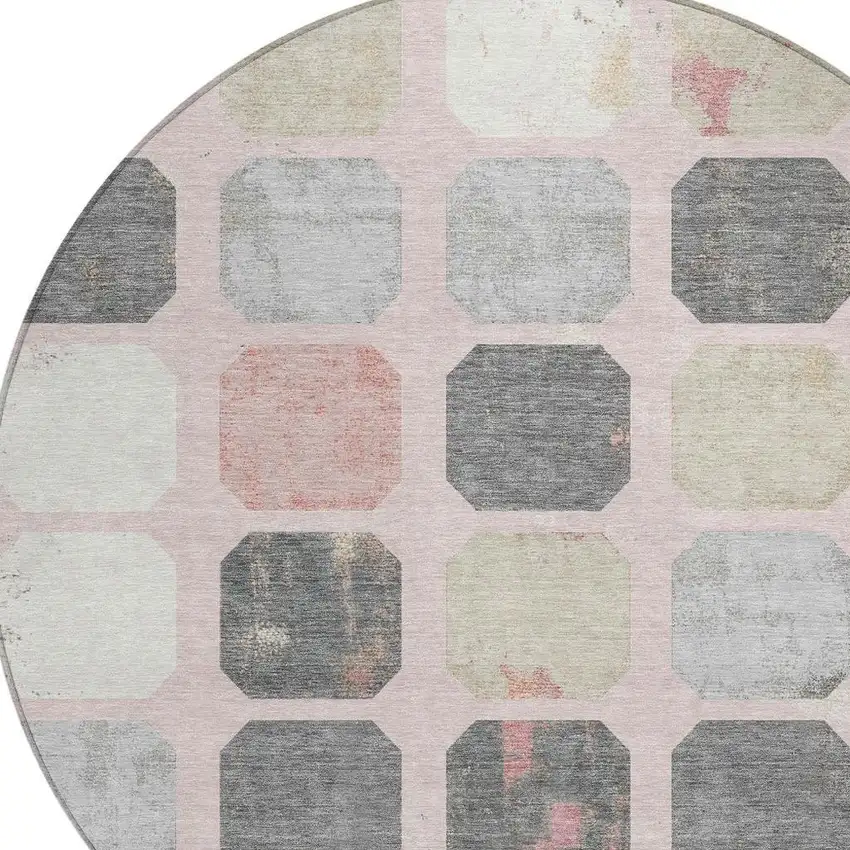 8' Blush Ivory And Gray Round Geometric Washable Indoor Outdoor Area Rug Photo 9