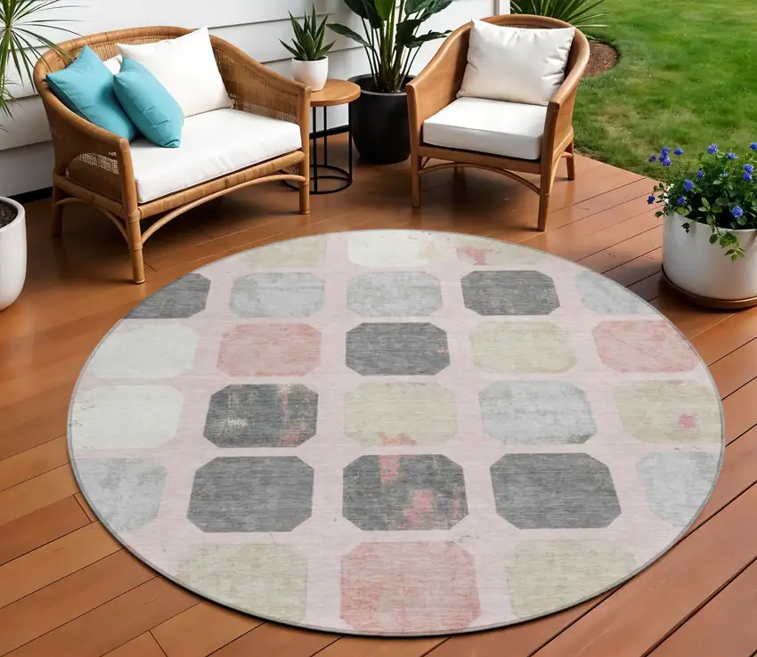 8' Blush Ivory And Gray Round Geometric Washable Indoor Outdoor Area Rug Photo 2