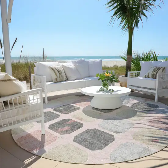 8' Blush Ivory And Gray Round Geometric Washable Indoor Outdoor Area Rug Photo 6