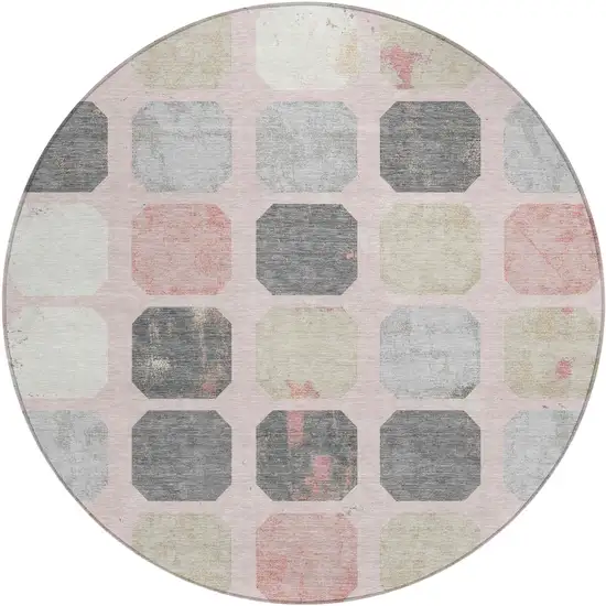 8' Blush Ivory And Gray Round Geometric Washable Indoor Outdoor Area Rug Photo 1