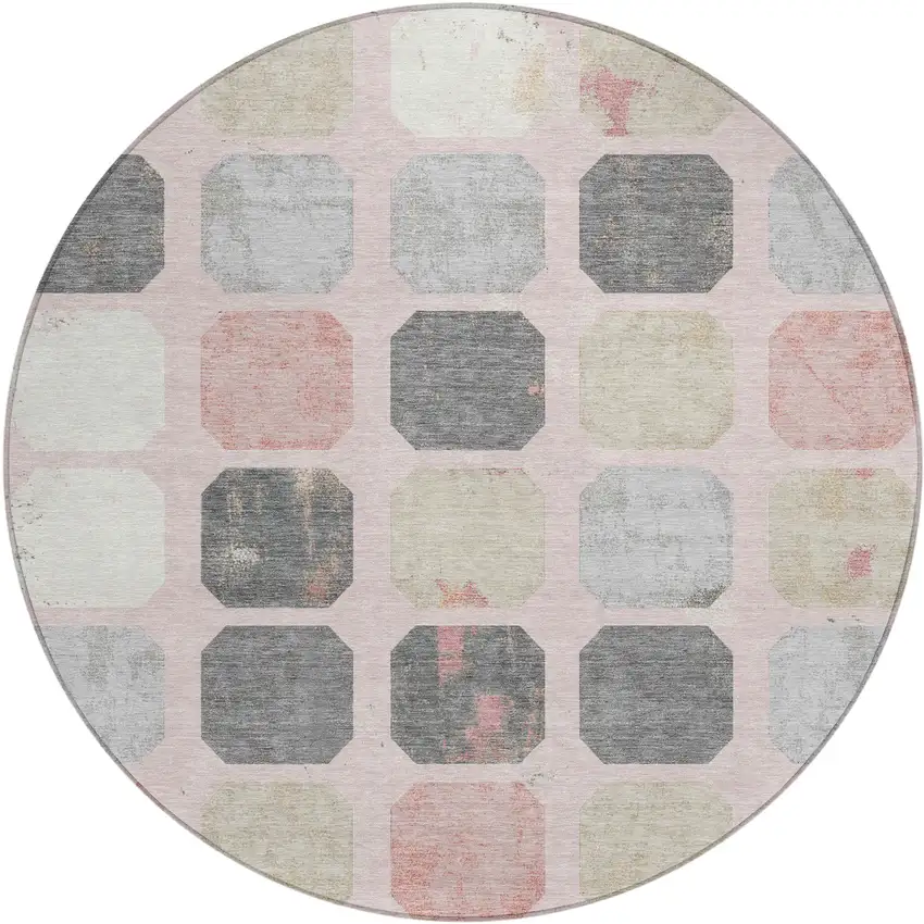 8' Blush Ivory And Gray Round Geometric Washable Indoor Outdoor Area Rug Photo 1