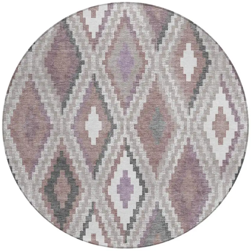 8' Blush Ivory And Gray Round Geometric Washable Indoor Outdoor Area Rug Photo 4