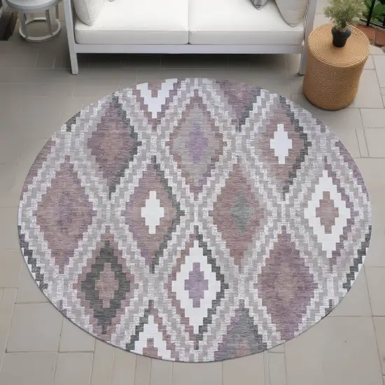 8' Blush Ivory And Gray Round Geometric Washable Indoor Outdoor Area Rug Photo 8