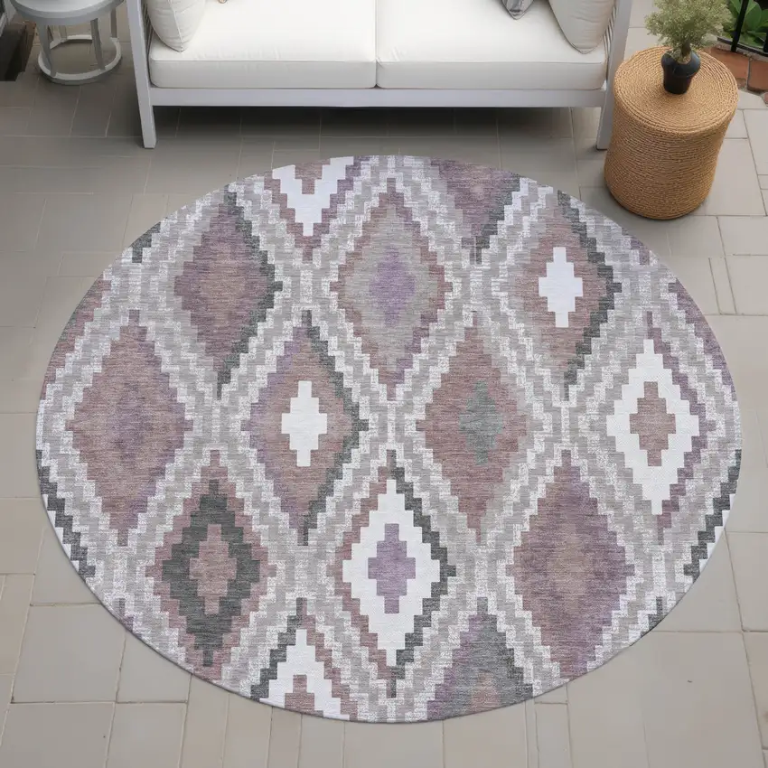 8' Blush Ivory And Gray Round Geometric Washable Indoor Outdoor Area Rug Photo 8
