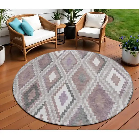 8' Blush Ivory And Gray Round Geometric Washable Indoor Outdoor Area Rug Photo 1