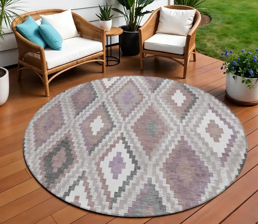 8' Blush Ivory And Gray Round Geometric Washable Indoor Outdoor Area Rug Photo 1
