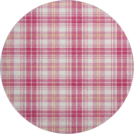 8' Blush Ivory And Orange Plaid Washable Round Rug With UV Protection Photo 1