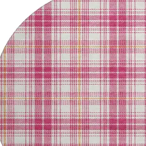 Photo of 8' Blush Ivory And Orange Plaid Washable Round Rug With UV Protection