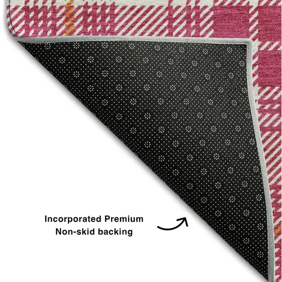 8' Blush Ivory And Orange Plaid Washable Round Rug With UV Protection Photo 5