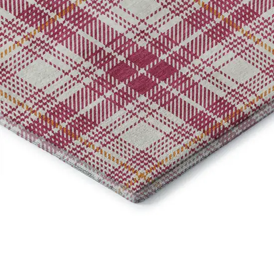 8' Blush Ivory And Orange Plaid Washable Round Rug With UV Protection Photo 6