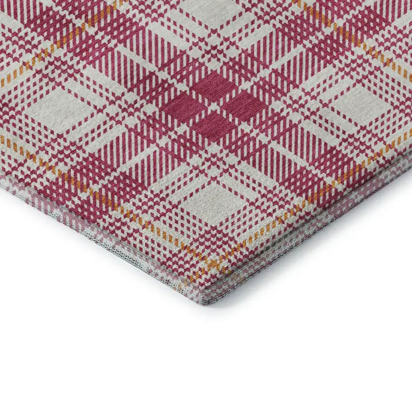 8' Blush Ivory And Orange Plaid Washable Round Rug With UV Protection Photo 6