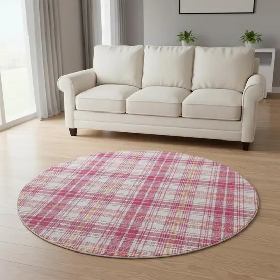 8' Blush Ivory And Orange Plaid Washable Round Rug With UV Protection Photo 2