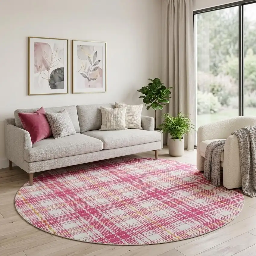 8' Blush Ivory And Orange Plaid Washable Round Rug With UV Protection Photo 1