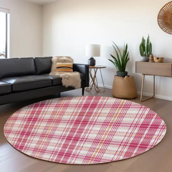 8' Blush Ivory And Orange Plaid Washable Round Rug With UV Protection Photo 4