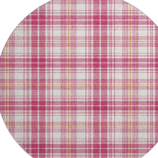 8' Blush Ivory And Orange Plaid Washable Round Rug With UV Protection Photo 3