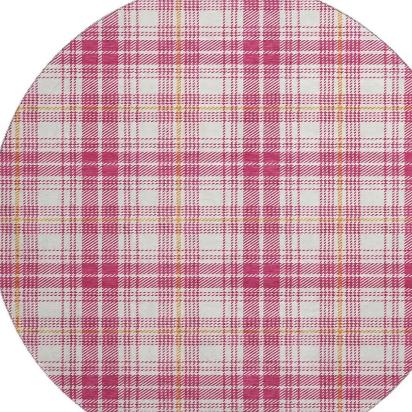 8' Blush Ivory And Orange Plaid Washable Round Rug With UV Protection Photo 3